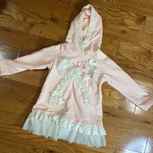 Mae Li Rose pink hooded tunic sweatshirt, lace and tulle detail, size 2T